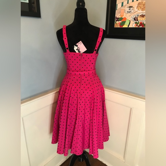 Vixen by Micheline Pitt Hot Pink Polka Dot Maneater Swing Dress Sz M - Picture 5 of 8